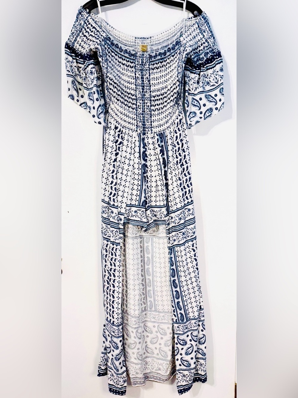 True Craft Off-Shoulder High-Low Boho Dress in White and Navy M